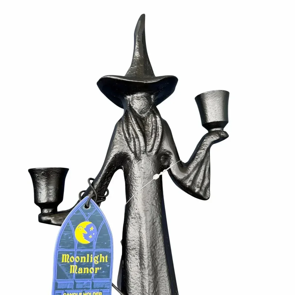 Moonlight Manor Witch Candle Holder Pair Black Metal Halloween Gothic Taper NWT